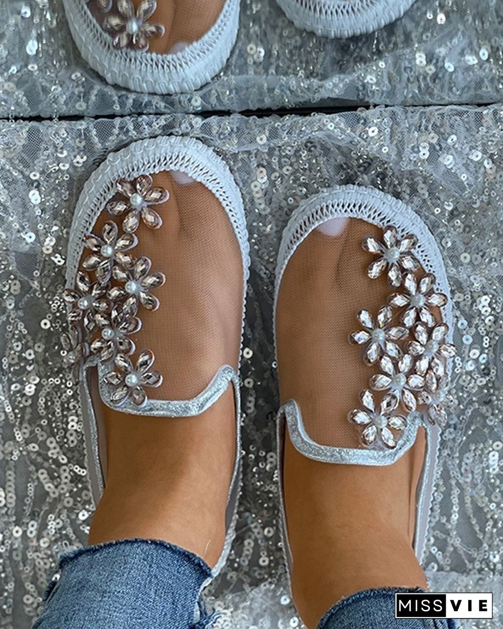 Studded Floral Pattern Sheer Mesh Casual Shoes
