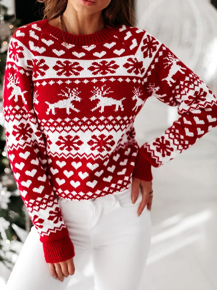 Christmas Print Long Sleeve O-neck Casual Sweater For Women