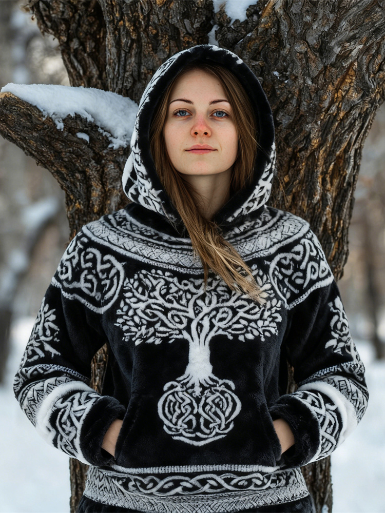 Viking Tree Of Life Design Women's Flannel Hoodie elevenforest