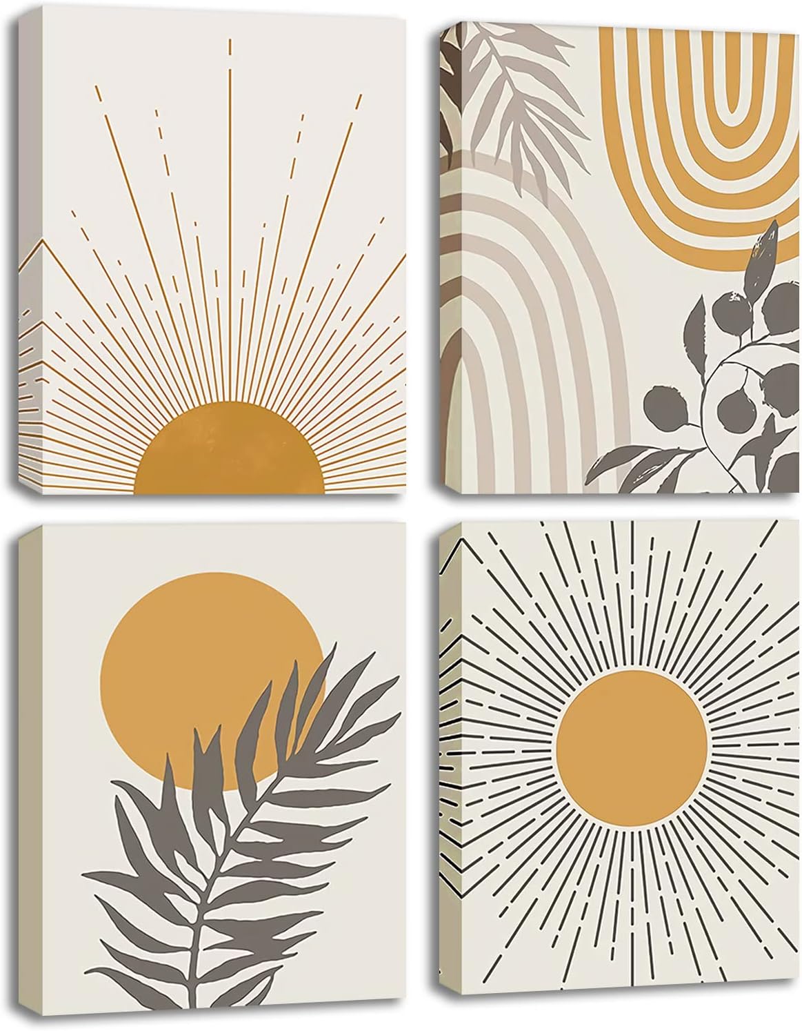 Abstract Bohemian Wall Art Sun Prints - Boho Line Poster Pictures Mid Century Canvas Artwork Framed 12x16 Inches Plant Leaf Minimalist Painting Home Decoration for Bedroom Bathroom Living Room Decor