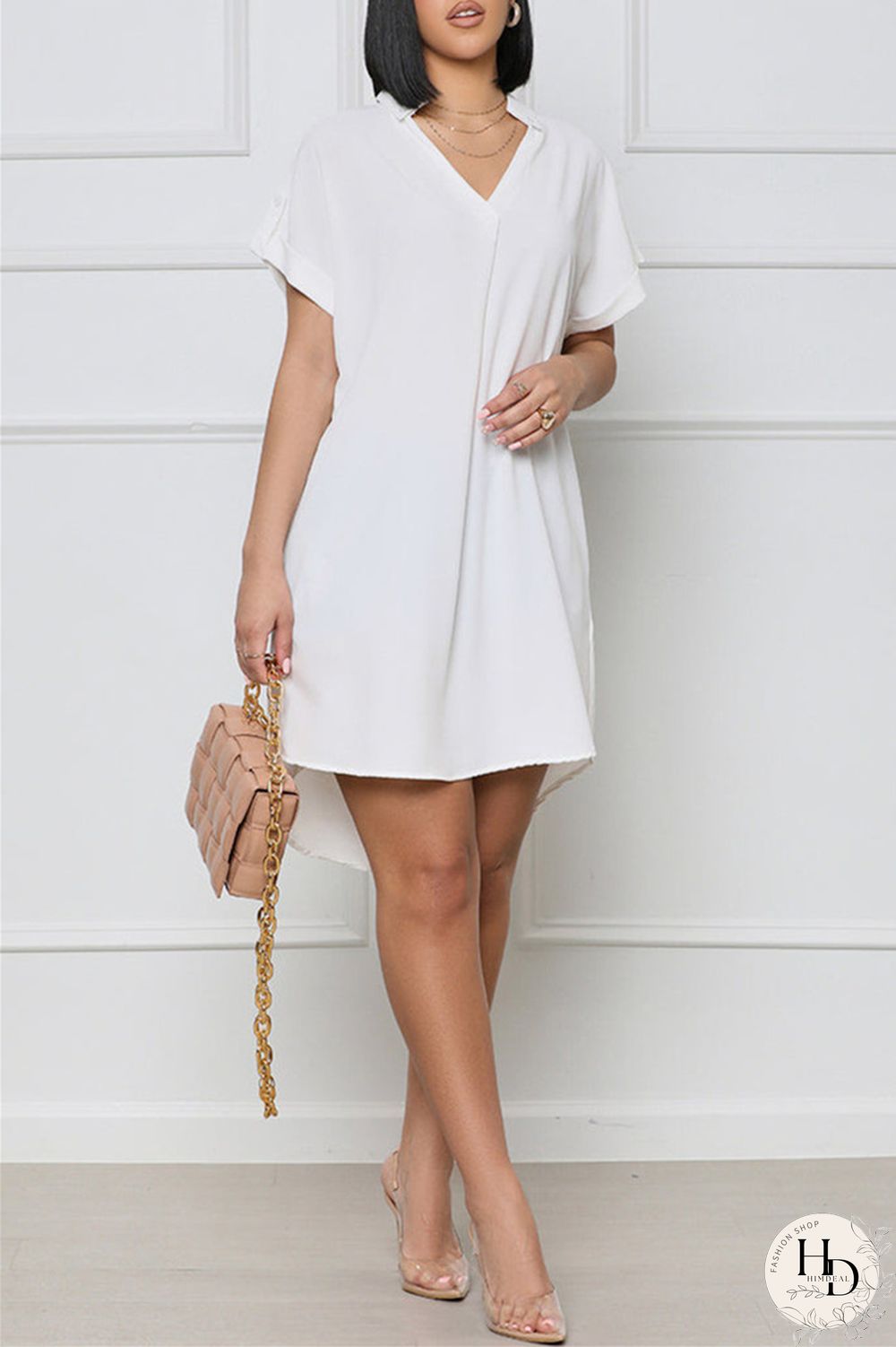 White Fashion Casual Solid Patchwork V Neck Short Sleeve Dress