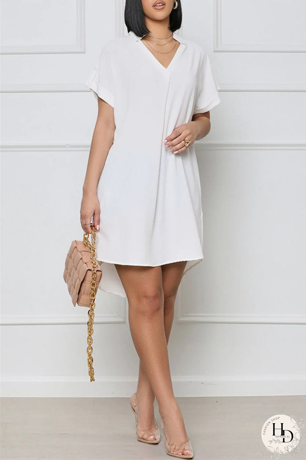 White Fashion Casual Solid Patchwork V Neck Short Sleeve Dress