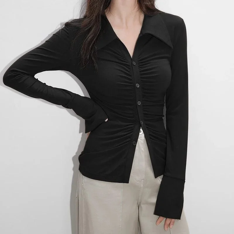 Applyw Shirts Women Crop Tops Y2k Long Sleeve Pleated Blouse Elegant Korean Long Sleeved Lapel Tops Ladies Button Slim Shirts