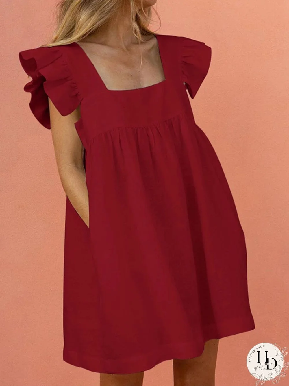 Women Ruffled Mini Dress Summer Cute Square Collar Pocket Dresses Elegant Butterfly Sleeve Beach Party Female Dresses Vestidos