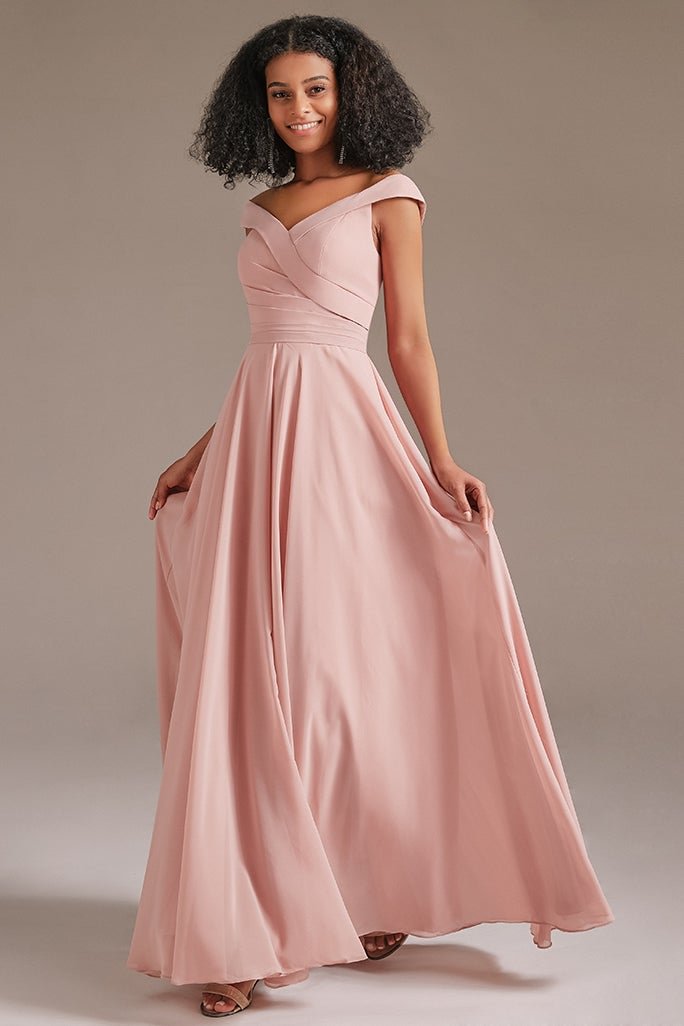 Pink Off-the-Shoulder Bridesmaid Dress With Pockets BD0016 - Okdais