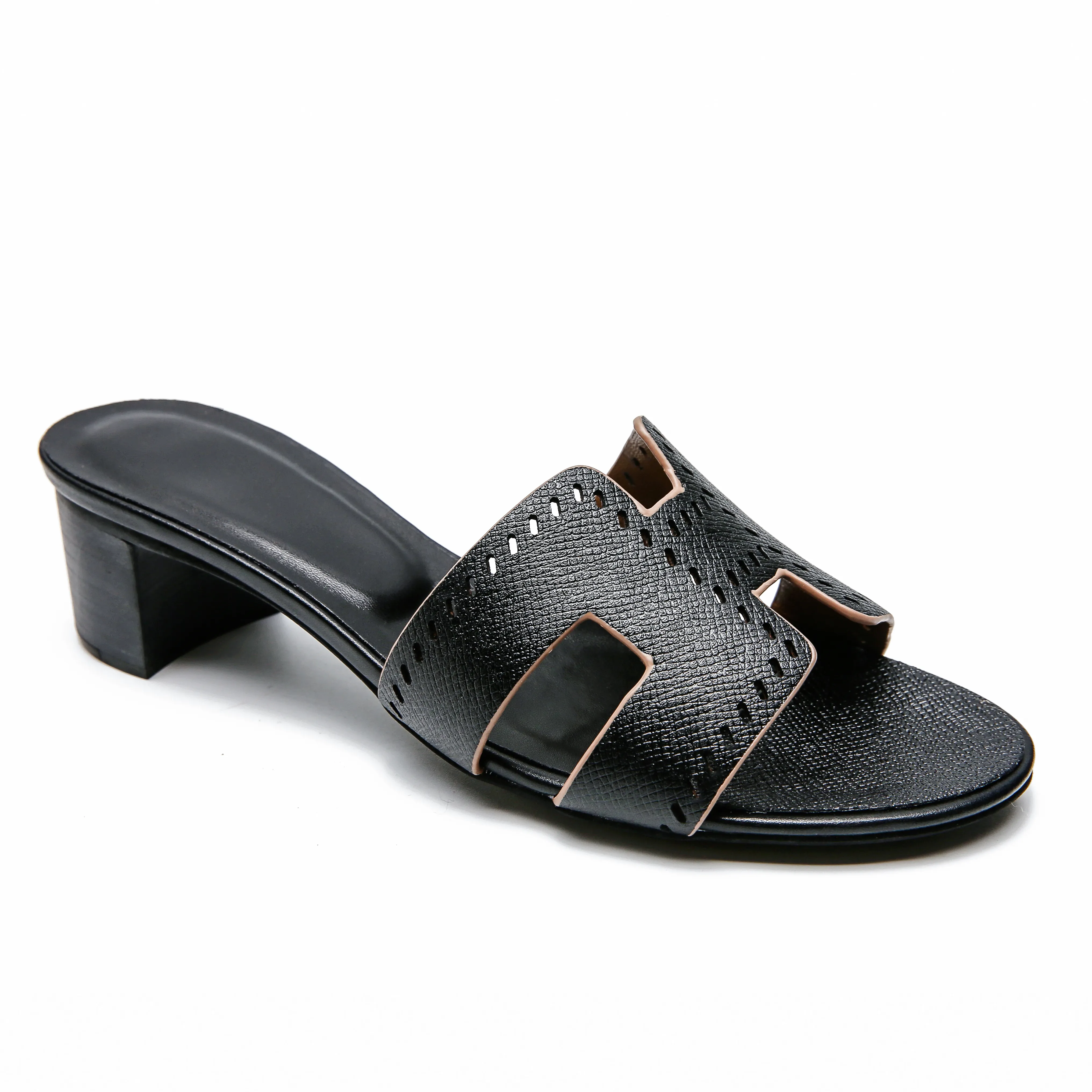 H-Shape Women's Flats Black Lychee Pattern Low heels Slippers-vocosishoes