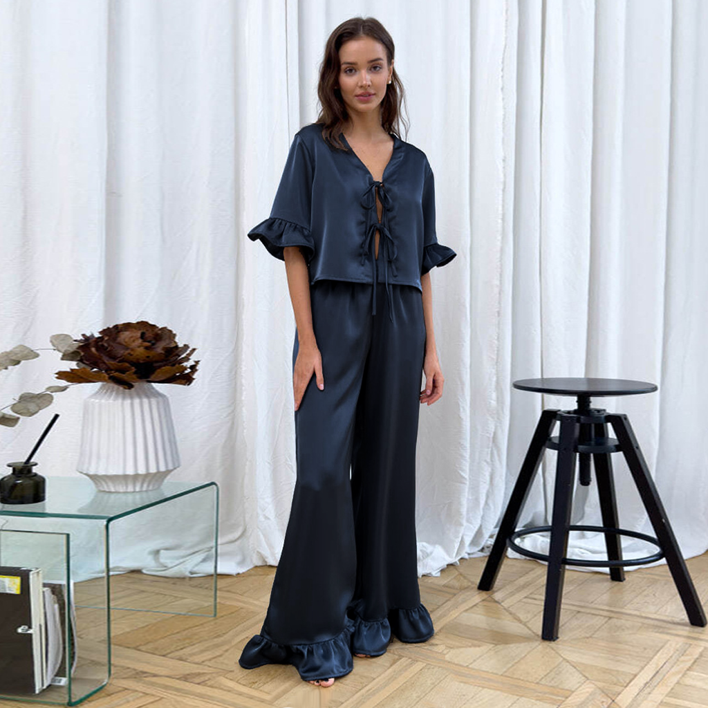 Silk Pajamas Ruffle Short Sleeve Loungewear REAL SILK LIFE