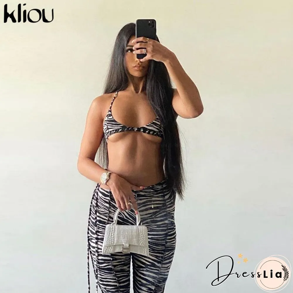 Kliou Womens Fashion Print Matching Set Halter Top Bandage Pant Two Piece Outfit Women