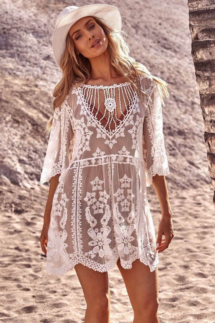 Sleeved Floral Lace Crochet Sheer Cover Up-elleschic