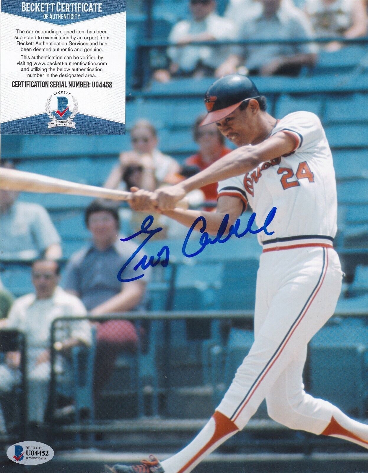 ENOS CABELL BALTIMORE ORIOLES BECKETT AUTHENTICATED ACTION SIGNED 8x10