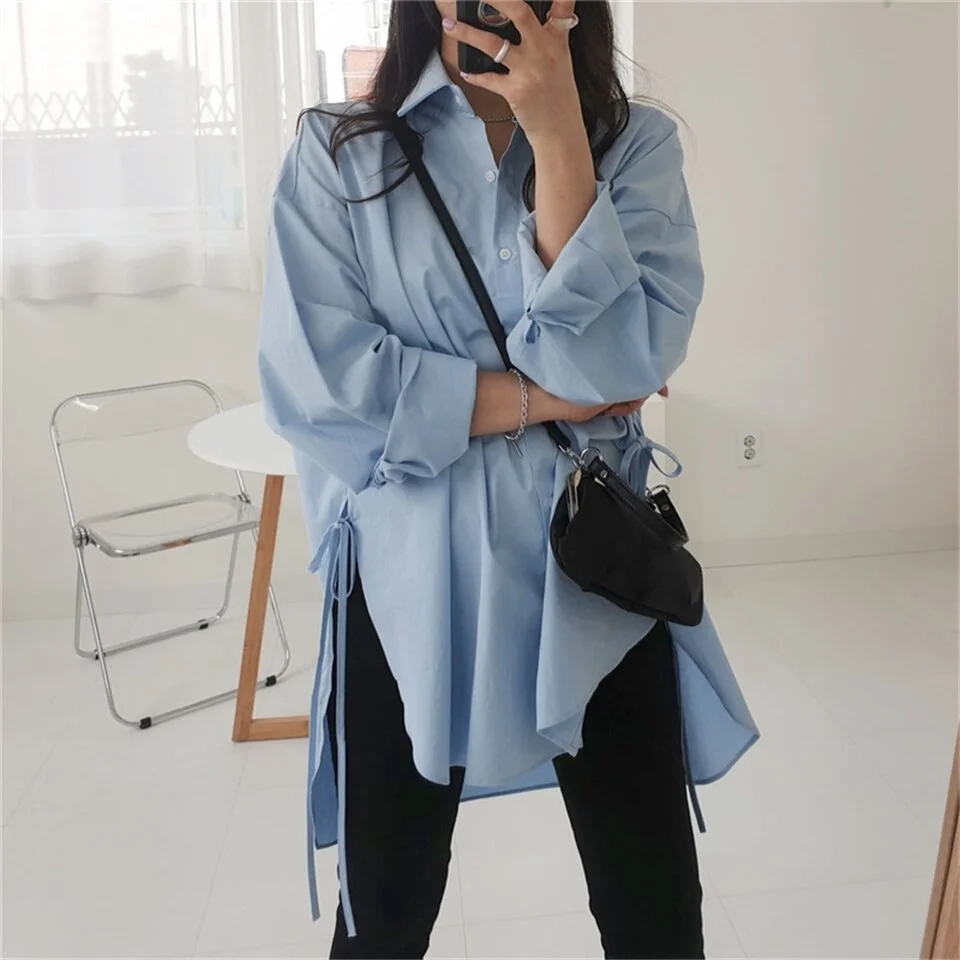 Elegant Women's Shirts Fashion 2021 Oversized Lace Up Long Sleeve Cotton White Blouse Blusas Button Up Woman Shirt Tops 15899