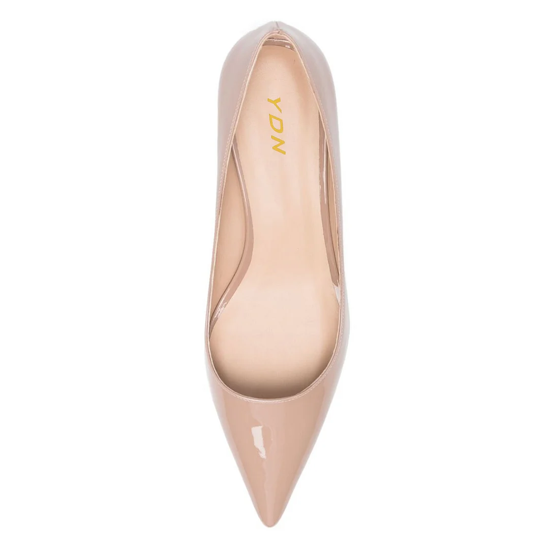 Patent Leather Pointed Toe Slip On Cone Heel Nude Pumps