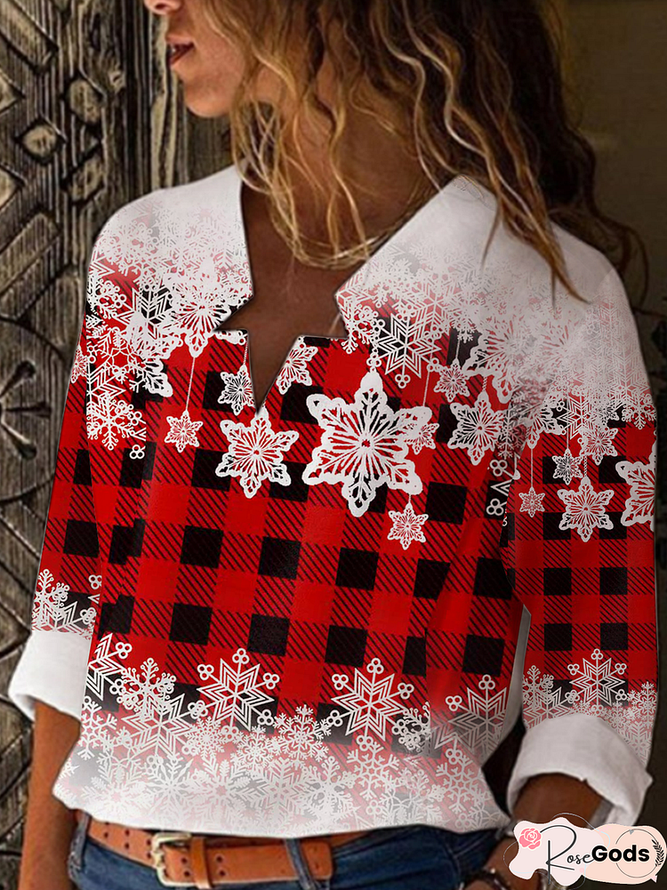 Long Sleeve V-Neck Petal Collar Geometric Gradient Snowflake Christmas Shirt Women's Shirt