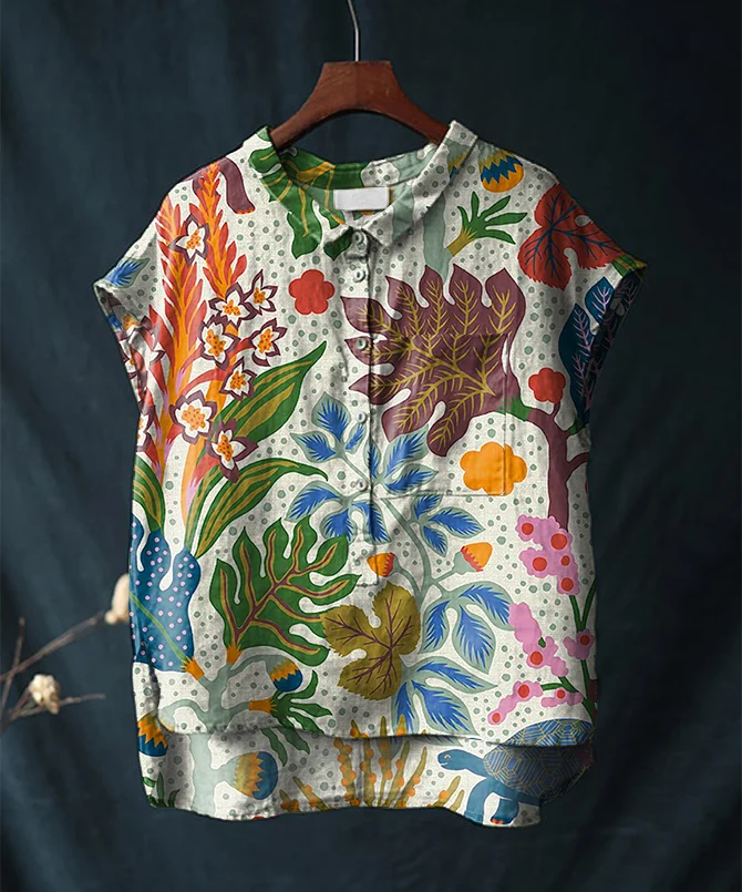 Vintage Floral Print Short-sleeved Cotton and Linen Shirt