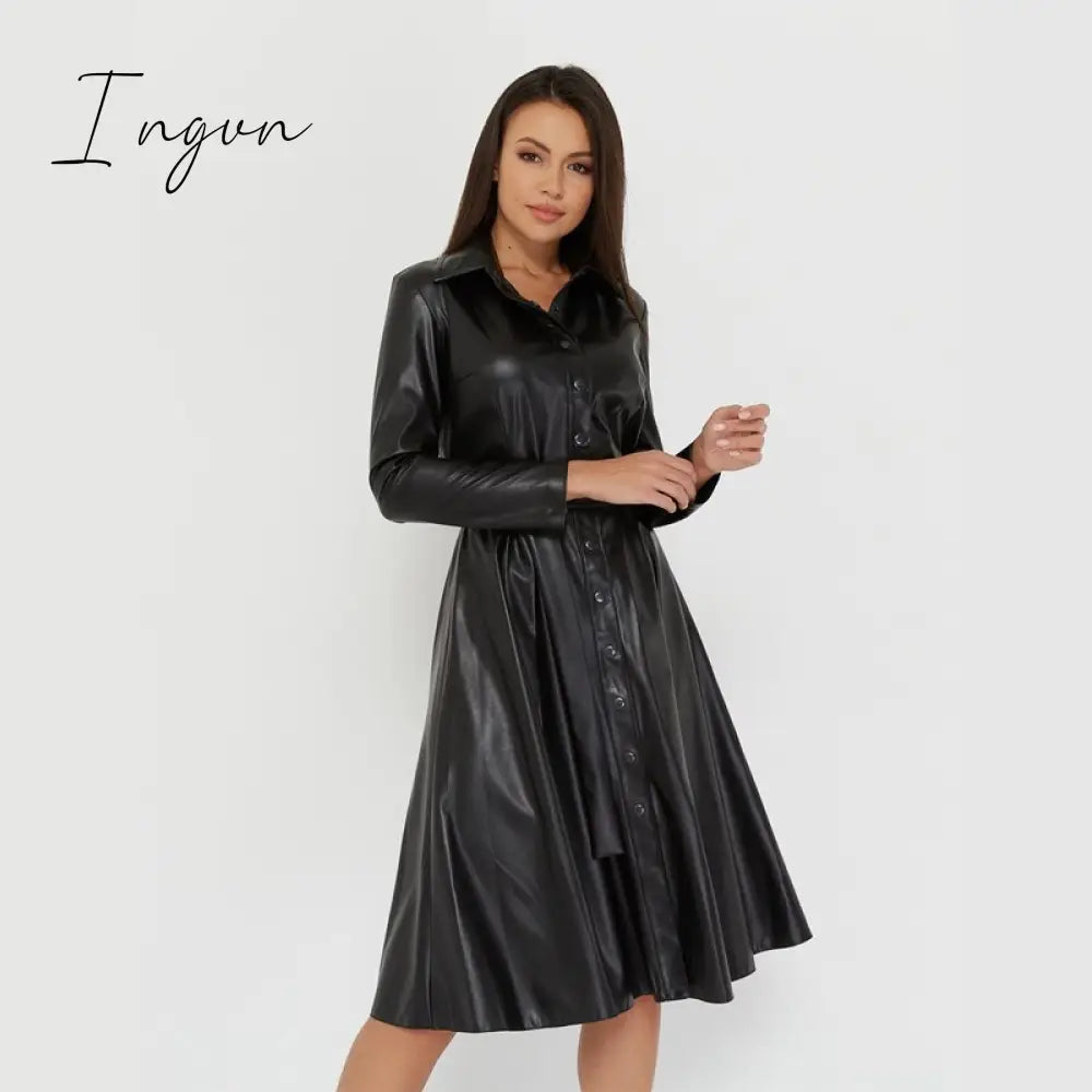 Ingvn - Winter Casual Sashes Pu Leather A - Line Dresses Women Turn - Down Collar Long Sleeve Solid