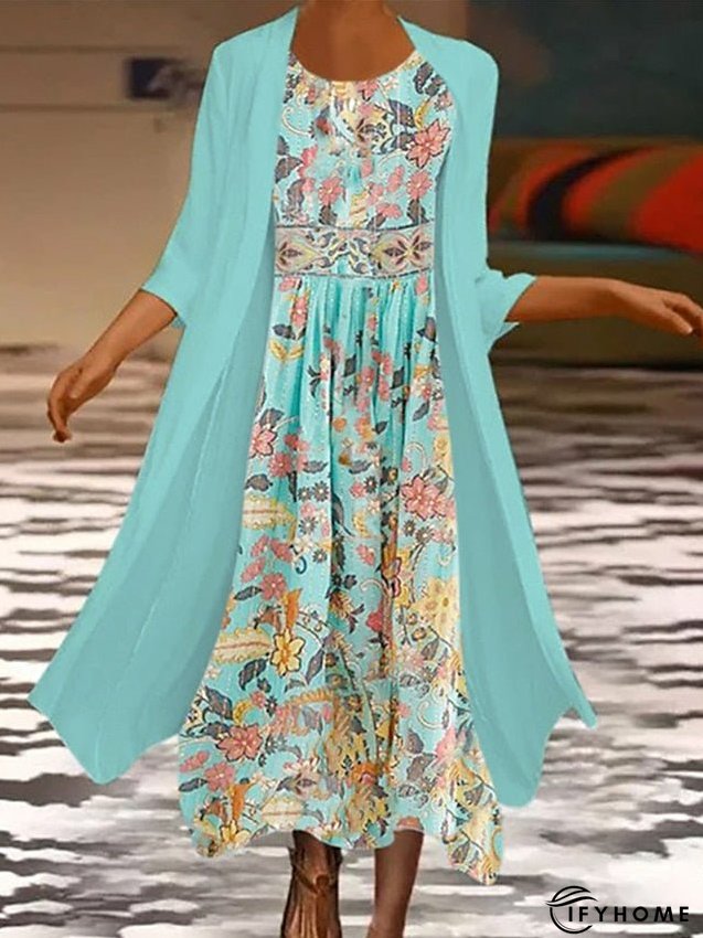 Two Piece Dress Set Casual Dress Chiffon Dress Outdoor Daily Fashion Casual Print Maxi Dress Crew Neck 3/4 Length Sleeve Floral Loose Fit Pink Blue Summer Spring S M L XL XXL for Women | IFYHOME
