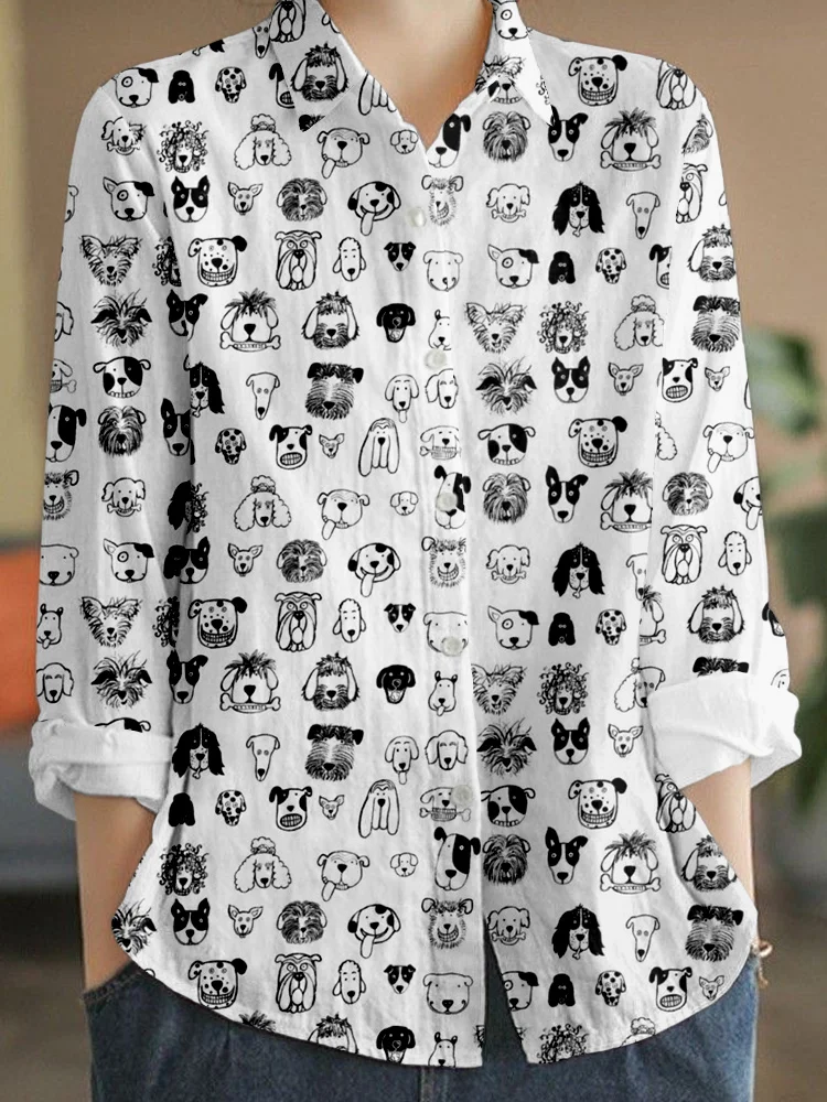 Cute Cartoon Dogs Pattern Linen Blend Blouse
