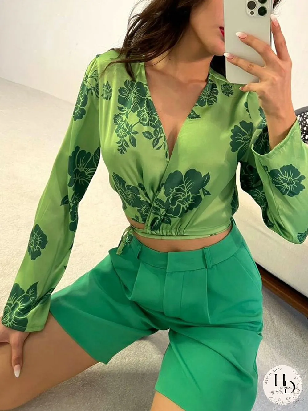 Womens summer autumn shorts outfits ladies cross neck long sleeve blouse tops solid