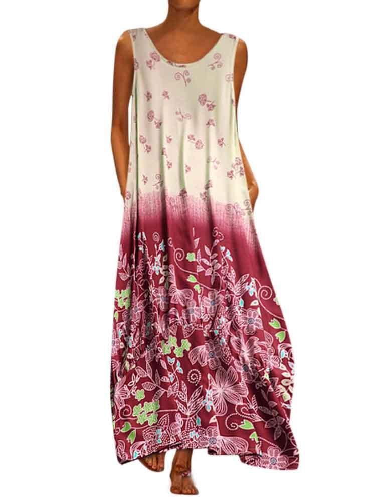 Women's Loose Fashion U-neck Sleeveless Colorblock Stitching Floral Printed Maxii Dress