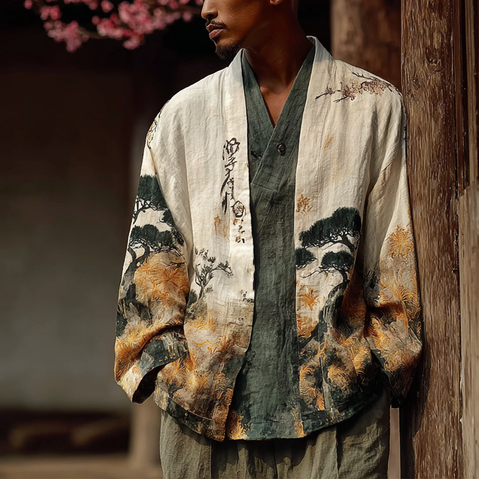Japanese Art Retro Pine And Cypress Pattern Men's Casual Linen Kimono elevenforest