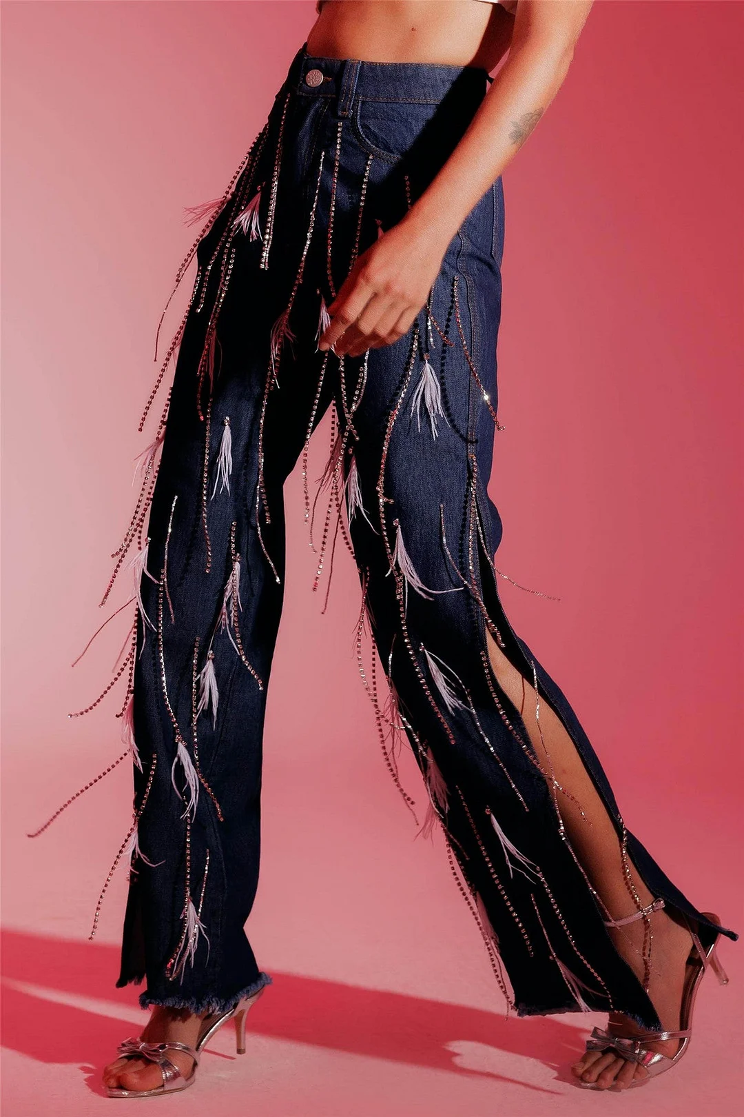 Rockeverystyle Fashion Trend Wide Leg Pants Plush Diamond Chain Decorated Jeans