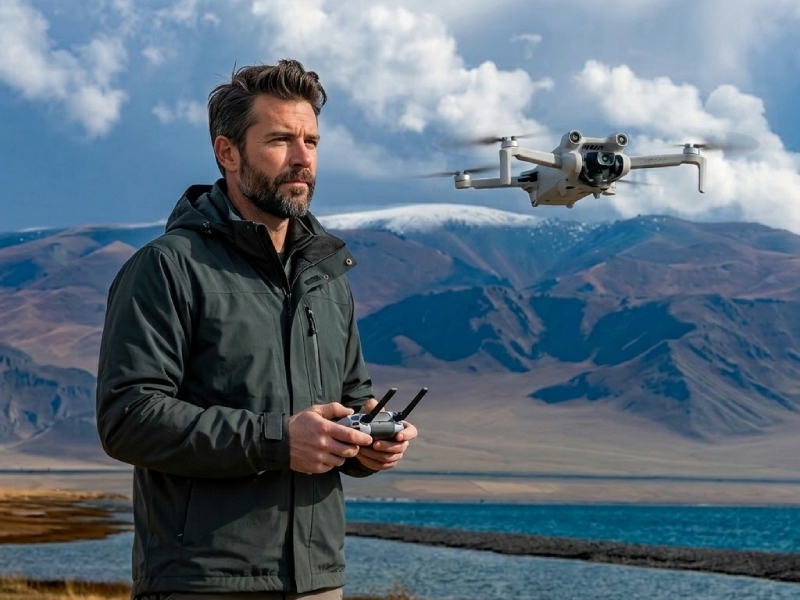 Person flying a DJI drone outdoors