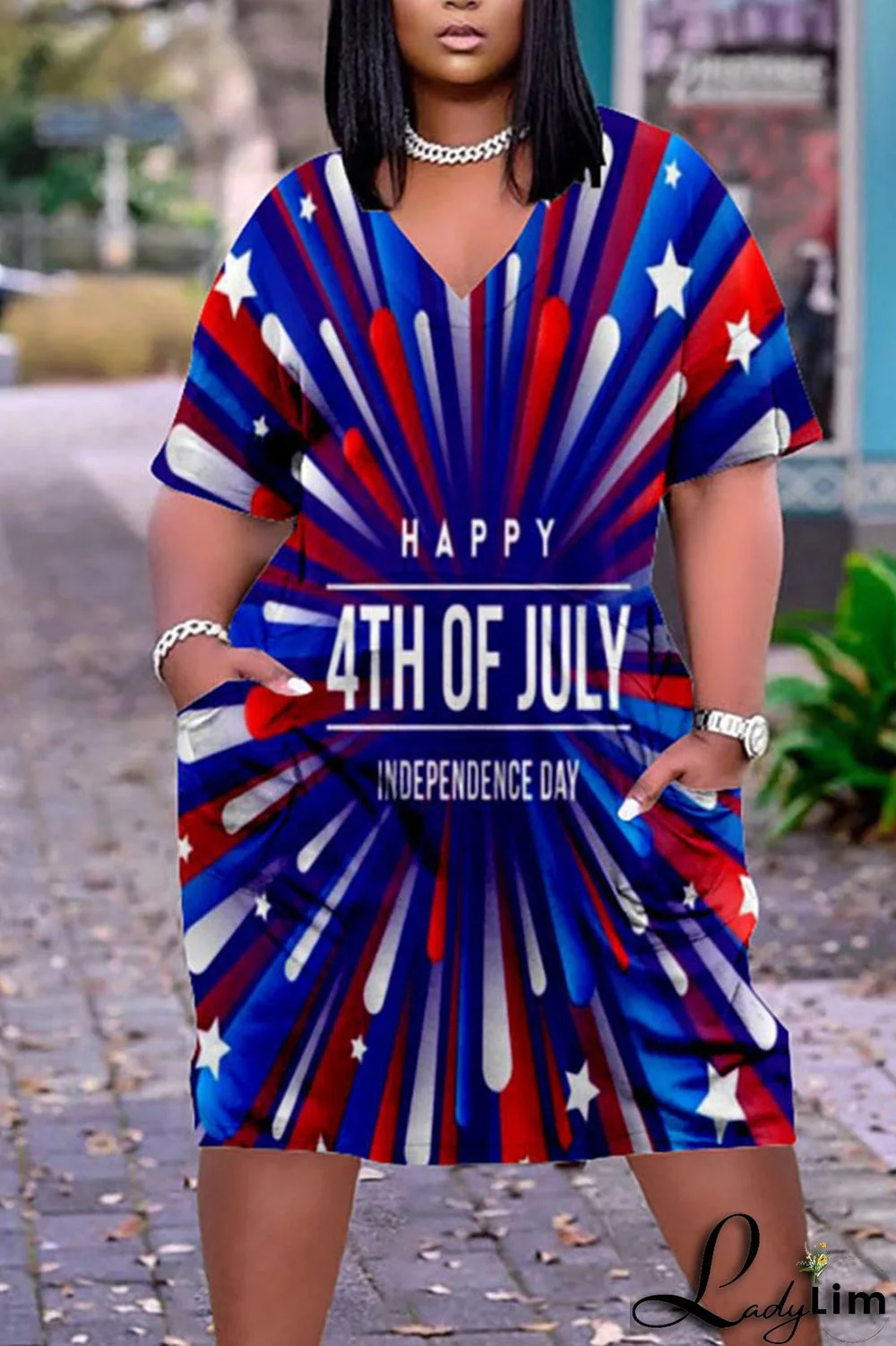 Deep Blue Casual Print Patchwork V Neck Dresses