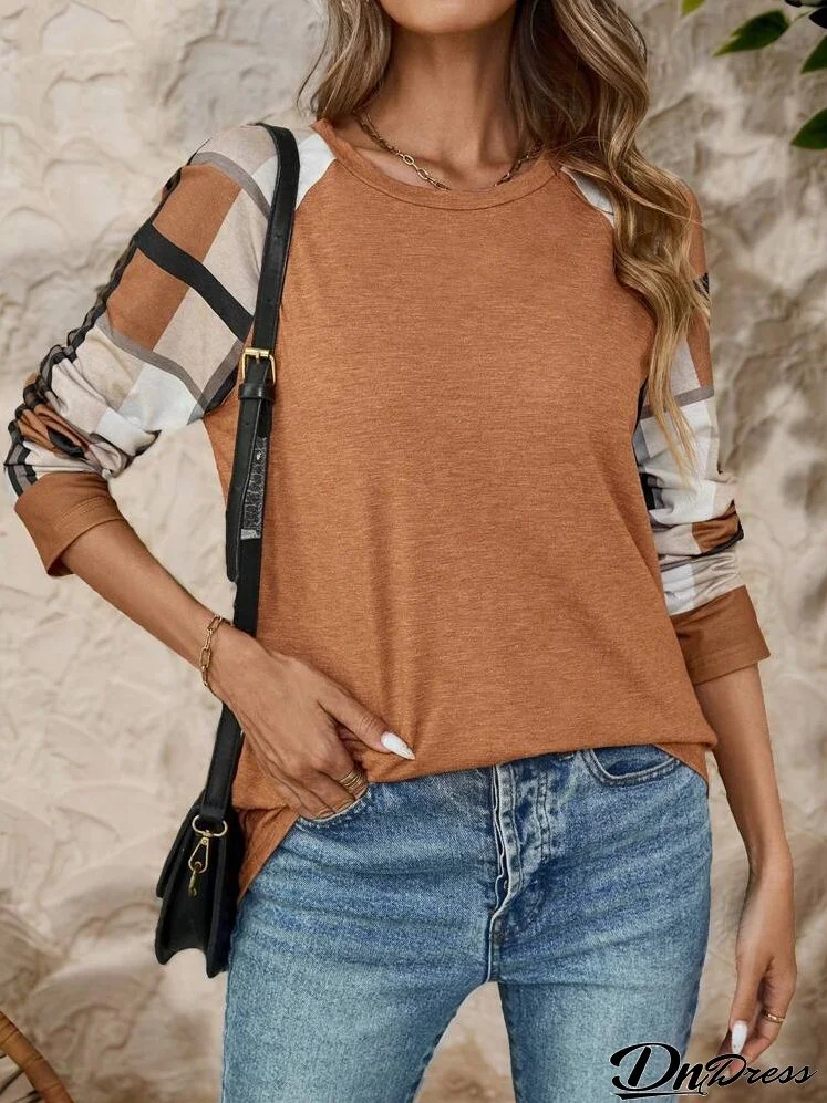 Women's Crew Neck Long Sleeve Solid Patchwork Minimalist T-Shirt, Casual Daily Wear