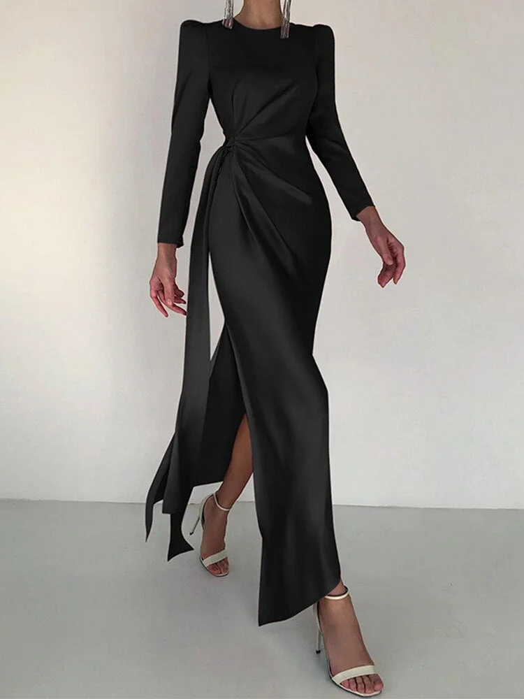 WannaThis Satin Women Dress O Neck Long Sleeve Ruched High Split Ankle-Length Autumn Sexy Elegant Club Partywear Night Vestido