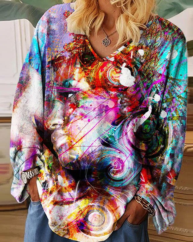 Women's V-neck Long Sleeve Printed Plus Size Top