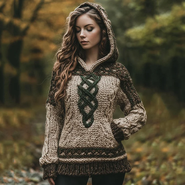 VChics Women's Irish Celtic Knotted Jacquard Pocket Hooded Sweater
