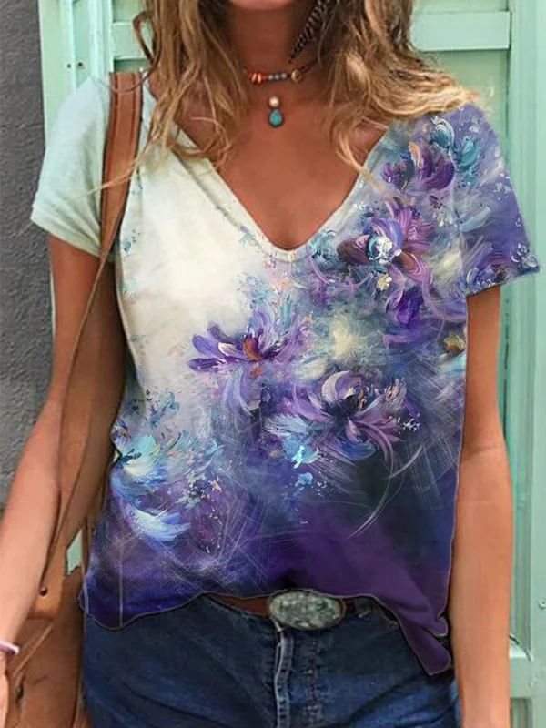 Abstract Flower Paintings V Neck Casual T Shirt