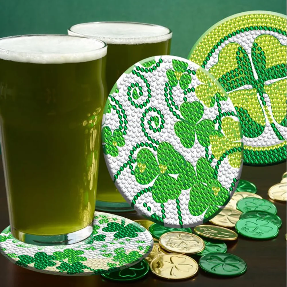 8pcs DIY Saint Patricks Day Wooden Diamond Painting Art Coaster Kit with Holder for Adults Kids