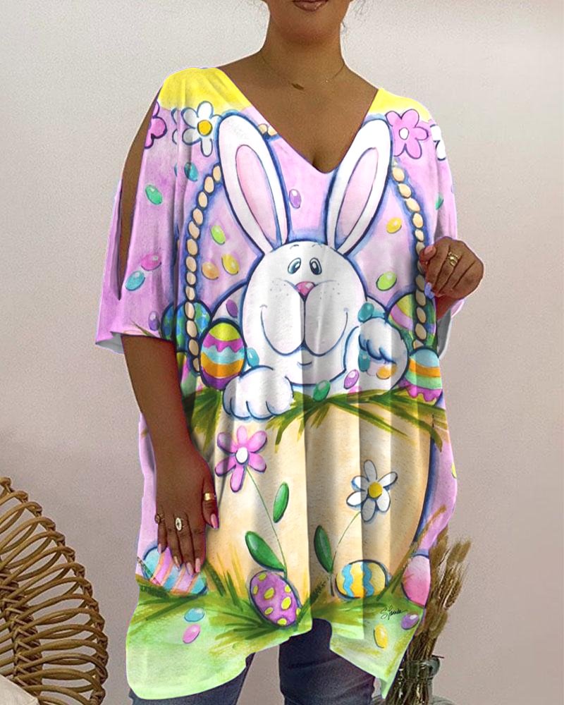 V-Neck Loose Casual Easter Print T-Shirt
