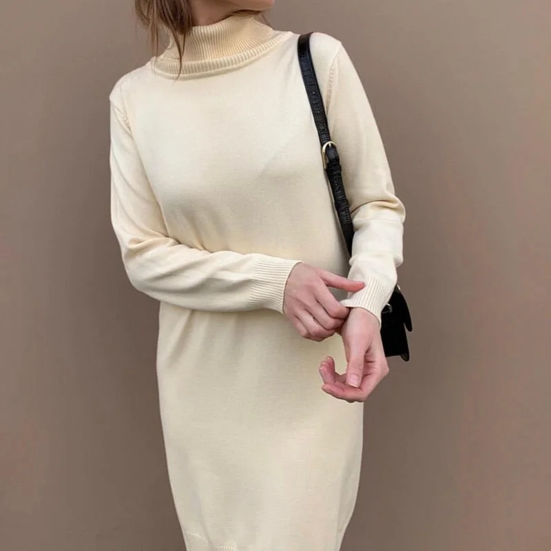 Hirsionsan Winter Warm High-Neck Elastic Knit Midi Dresses Women 2021 Fashion Elegant Chic Lady Sweater Dresses Women Robe Femme