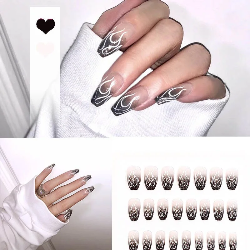24pcs 4 Fire Patterns Design Cool Girls Hand Decorative False Nails with Glue Full Cover Detachable false nails with designs-Nail Inspo
