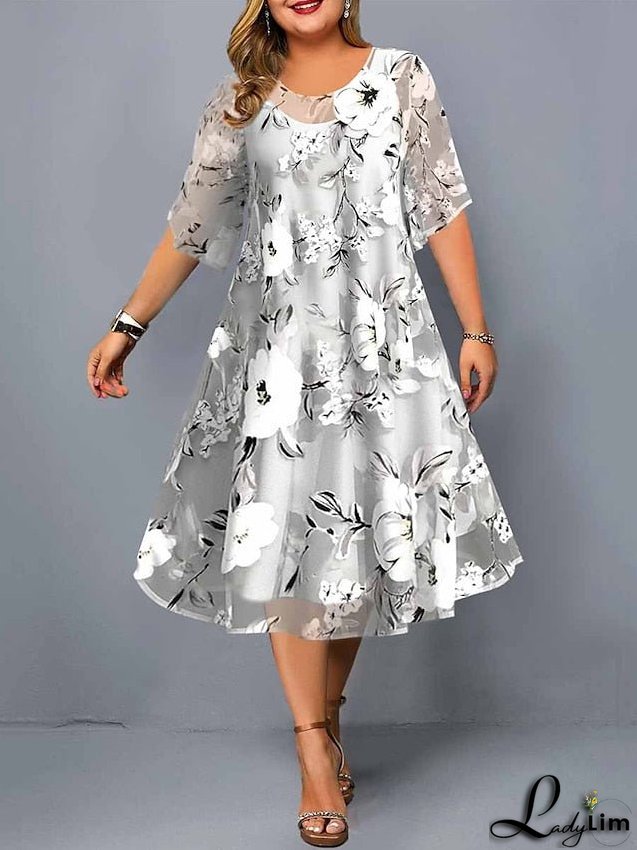 Plus Size Casual Dress Dress Set Chiffon Dress Floral Midi Dress Half Sleeve Print Crew Neck Fashion Daily Gray Summer Spring L XL XXL 3XL 4XL for Women