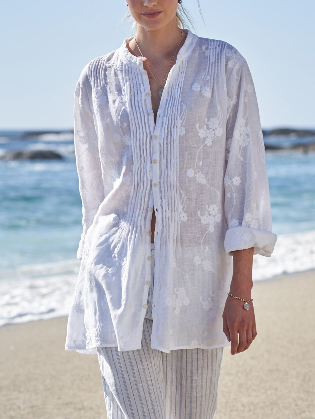 Striped Embroidered Loose Cotton And Linen Shirt