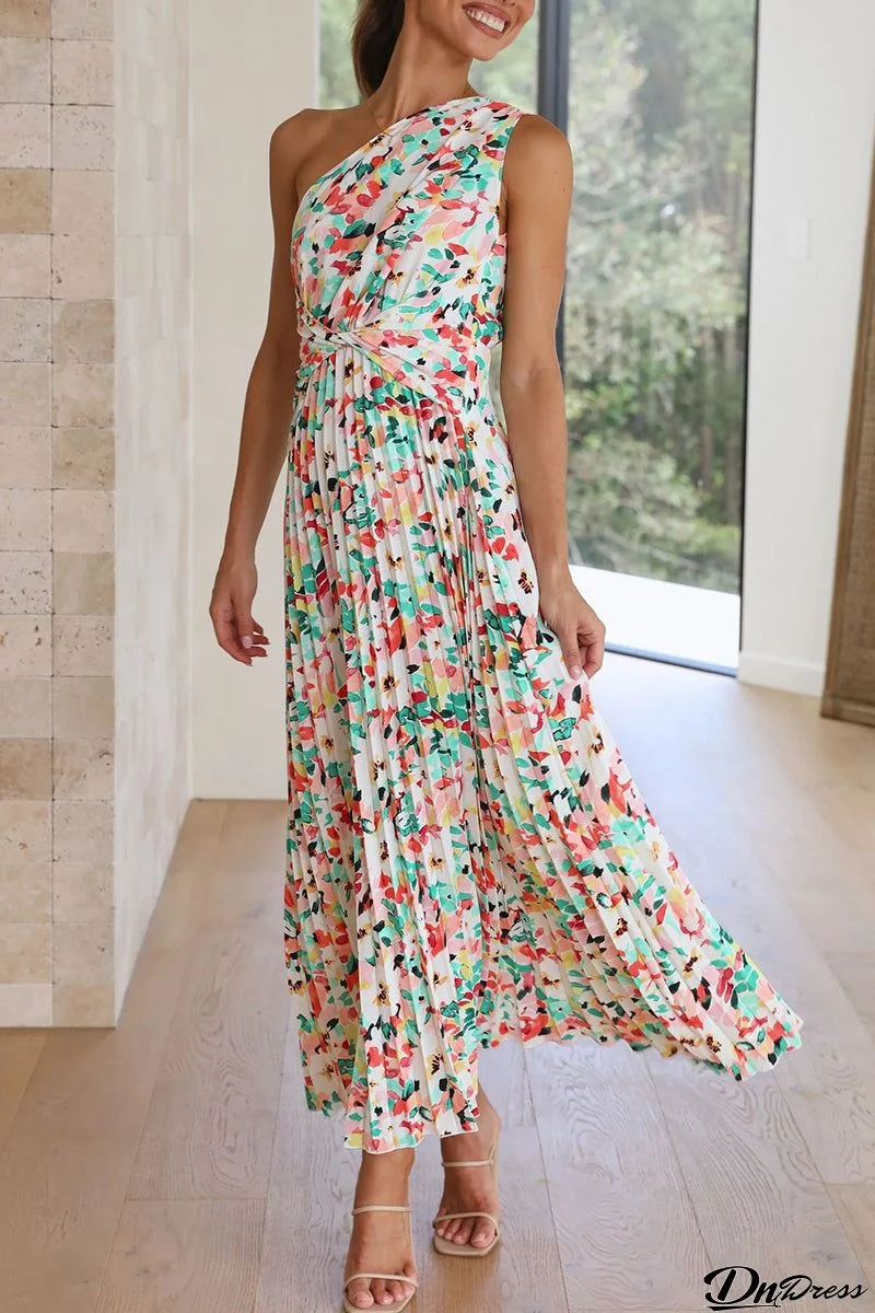 Elegant Floral Fold Oblique Collar Printed Dress Dresses