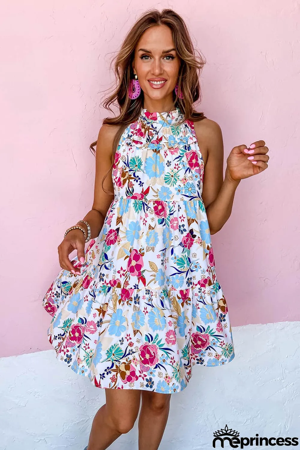 White Frill Mock Neck Sleeveless Tiered Floral Dress