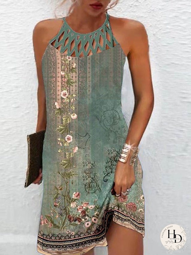 Casual Dress Sundress Summer Dress Floral Mesh Backless Halter Mini Dress Active Fashion Outdoor Home Sleeveless Regular Fit Blue Green Summer Spring S M L XL XXL for Women