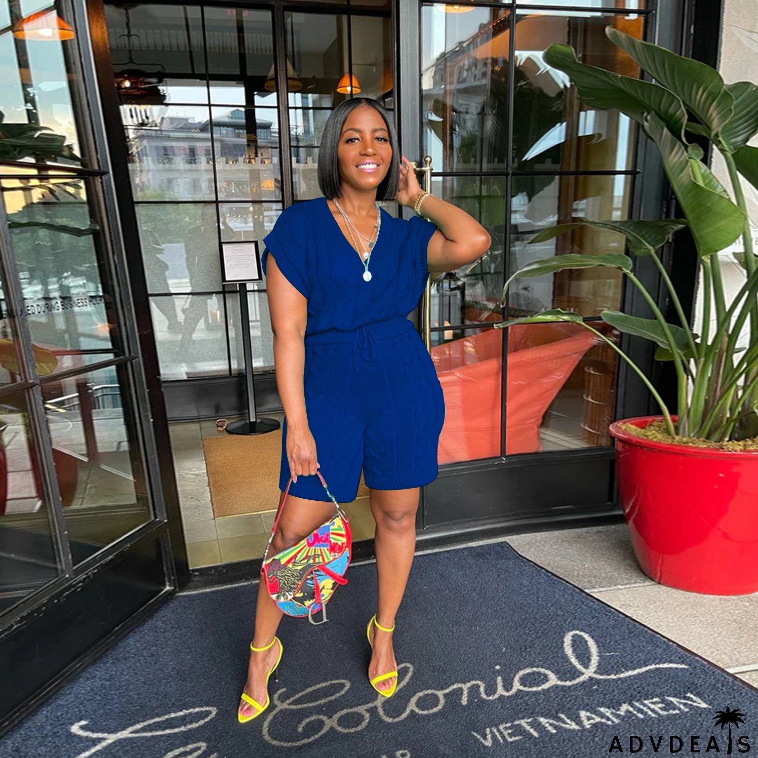 Sexy Solid Deep V Neck Sleeveless Loose Sweater Slim Shorts Two Piece Set