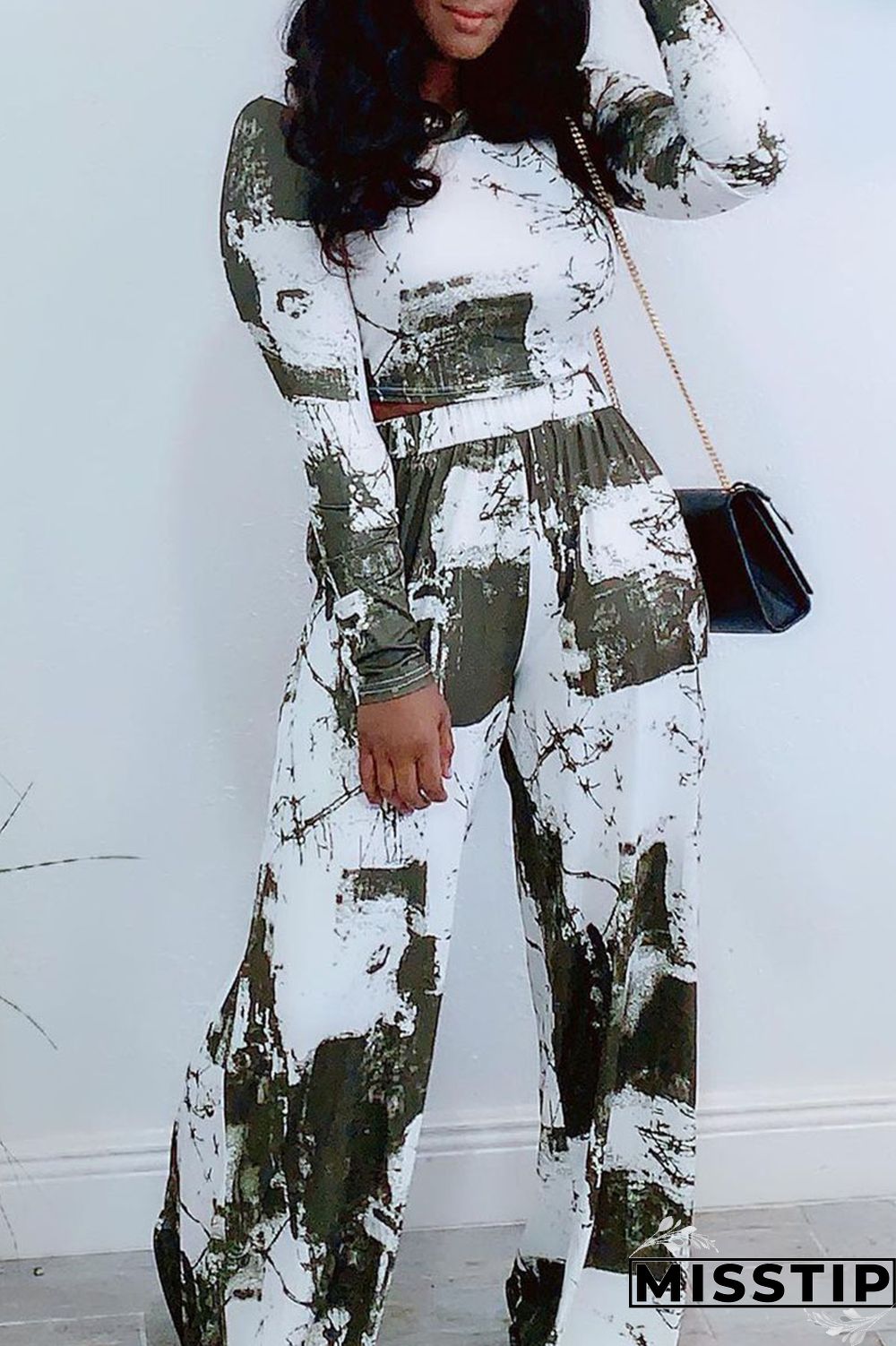 Orange Fashion Casual Print Patchwork O Neck Long Sleeve Two Pieces