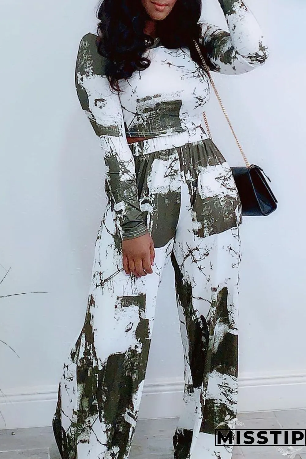Orange Fashion Casual Print Patchwork O Neck Long Sleeve Two Pieces