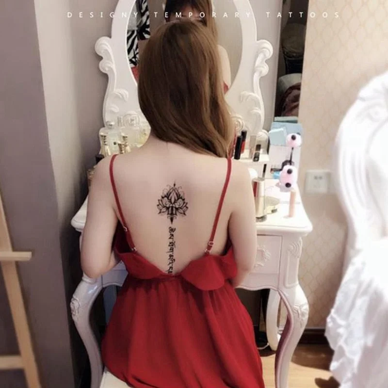 Black Lotus Totem Tattoo Stickers Waterproof Lasting Temporary Tattoo Sanskrit Art Fake Tattoo Back Arm Sexy Tattoos for Women