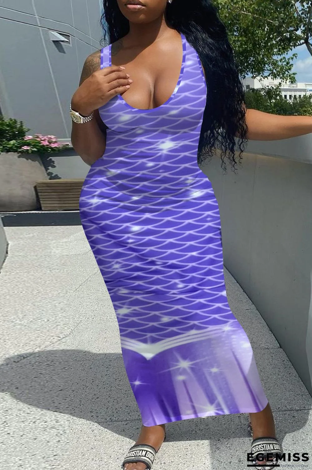 Blue Sexy Casual Print Basic U Neck Vest Dress Dresses | EGEMISS