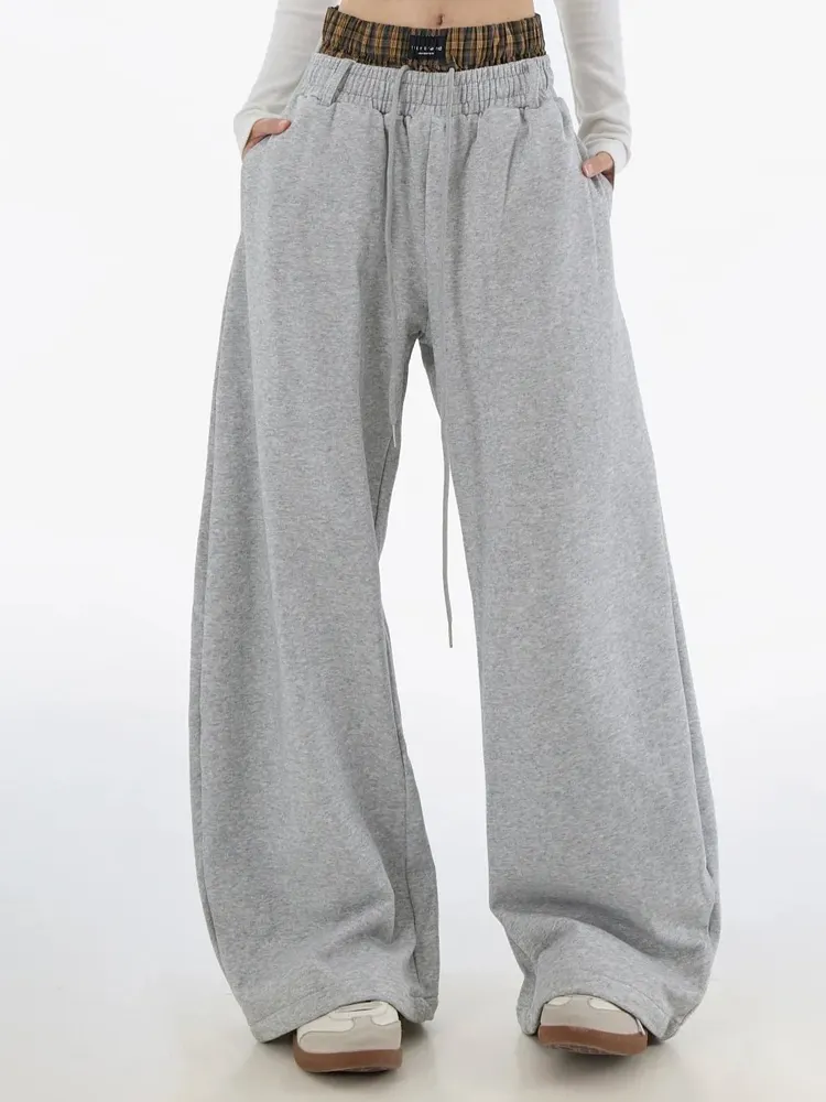 Light gray double-layered wide-leg sweatpants