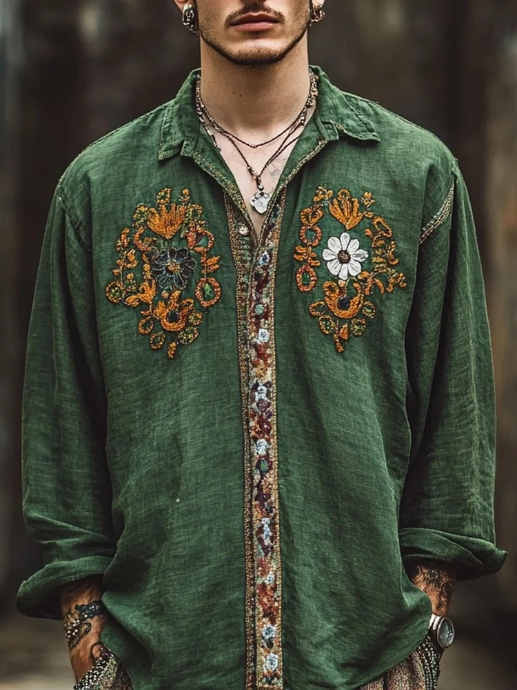 Men's Vintage Embroidered Linen Blend Comfy Blouse