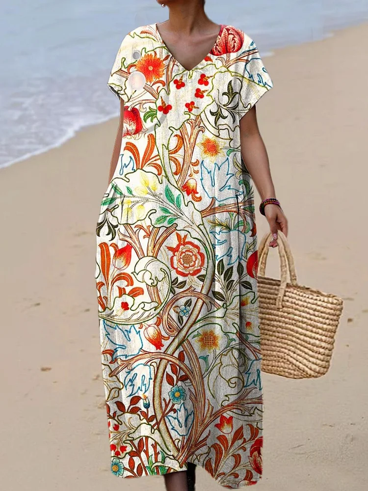 Women's Vintage Floral Art Print Linen And Cotton V-neck Dress