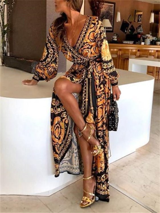 Women Long Sleeve V-neck Lace-up Graphic Maxi Dress